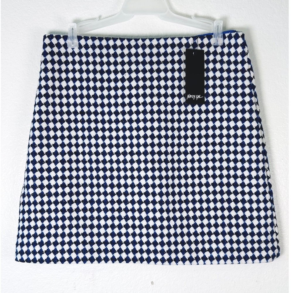 Nasty Gal Boucle Checkerboard Skirt Cobalt Blue White Mini A-Line Size 8 NEW
